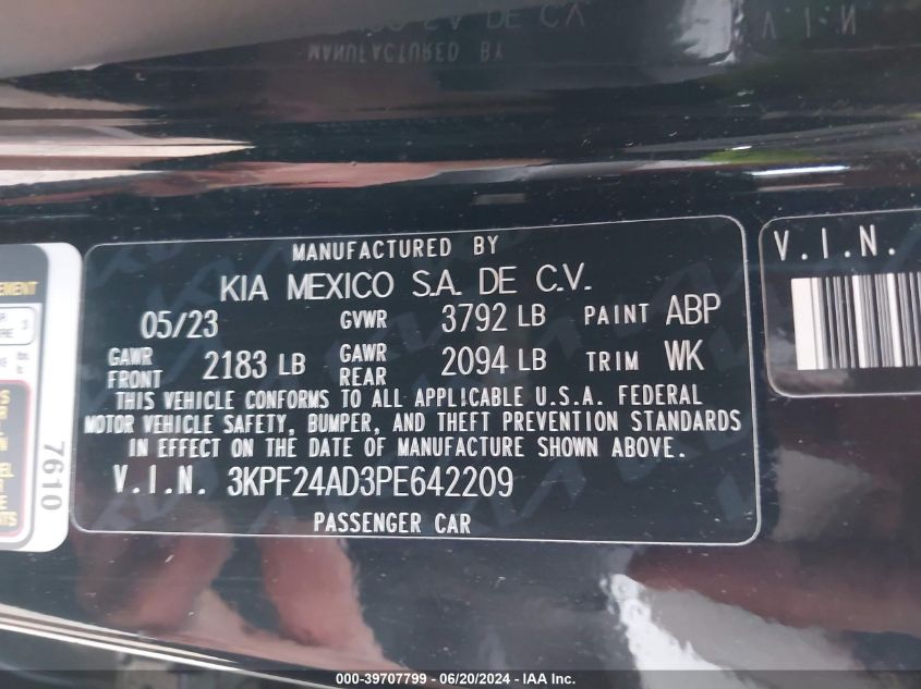 2023 Kia Forte Lxs VIN: 3KPF24AD3PE642209 Lot: 39707799