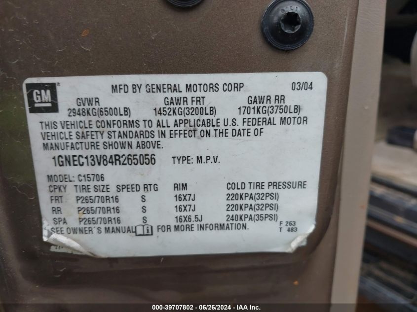 2004 Chevrolet Tahoe Ls VIN: 1GNEC13V84R265056 Lot: 39707802