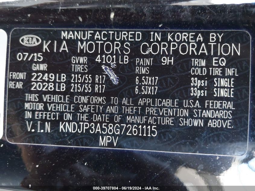2016 Kia Soul + VIN: KNDJP3A58G7261115 Lot: 39707804