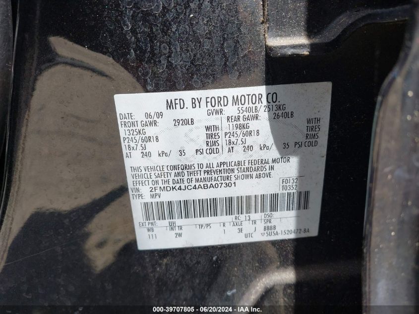 2010 Ford Edge Sel VIN: 2FMDK4JC4ABA07301 Lot: 39707805