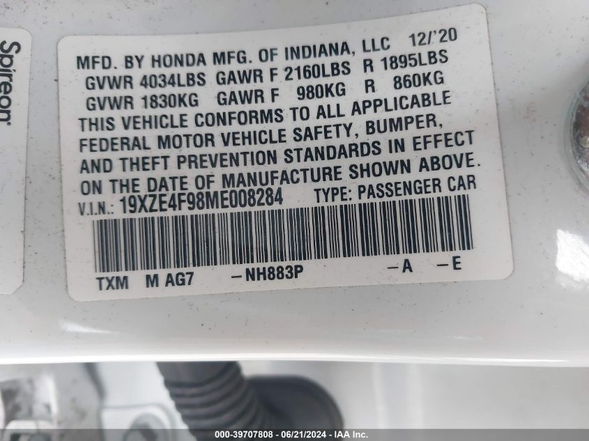 2021 Honda Insight Touring VIN: 19XZE4F98ME008284 Lot: 39707808