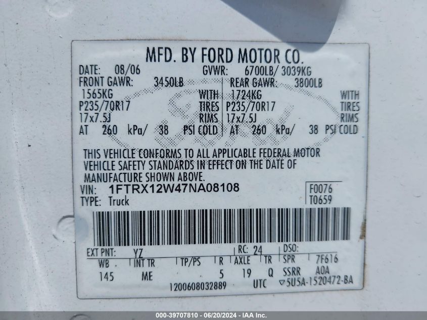 2007 Ford F150 VIN: 1FTRX12W47NA08108 Lot: 39707810