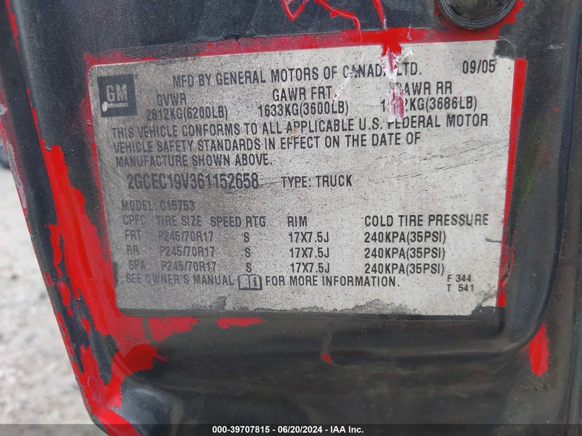 2006 Chevrolet Silverado 1500 Work Truck VIN: 2GCEC19V361152658 Lot: 39707815