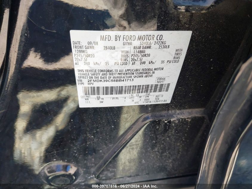 2008 Ford Edge Limited VIN: 2FMDK39C58BB41713 Lot: 39707816