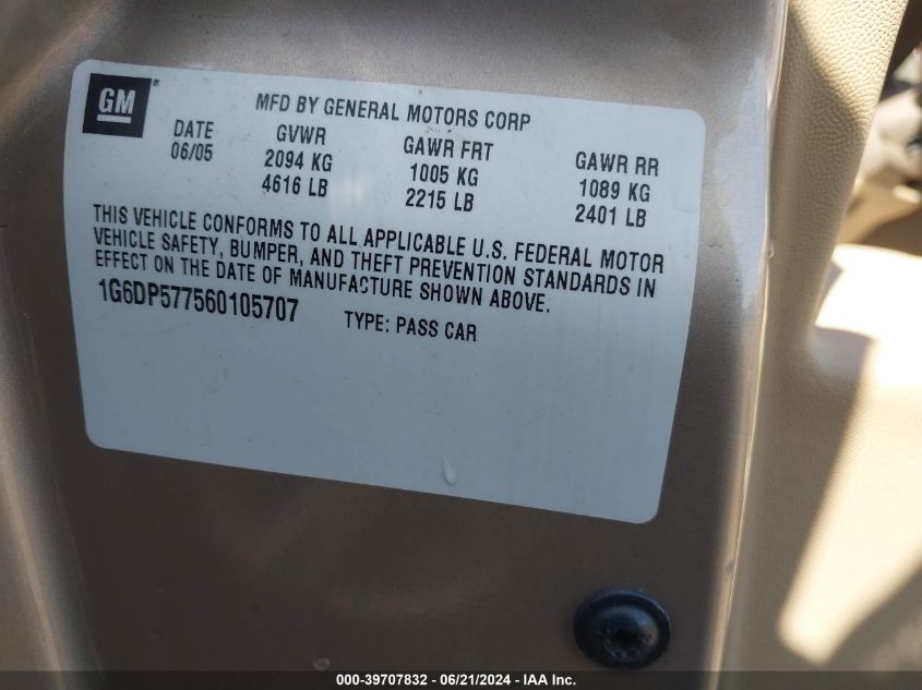 2006 Cadillac Cts Standard VIN: 1G6DP577560105707 Lot: 39707832