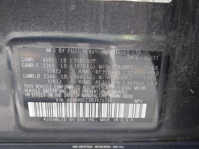 2011 Subaru Outback 2.5I Premium VIN: 4S4BRBCC6B3425736 Lot: 39707838