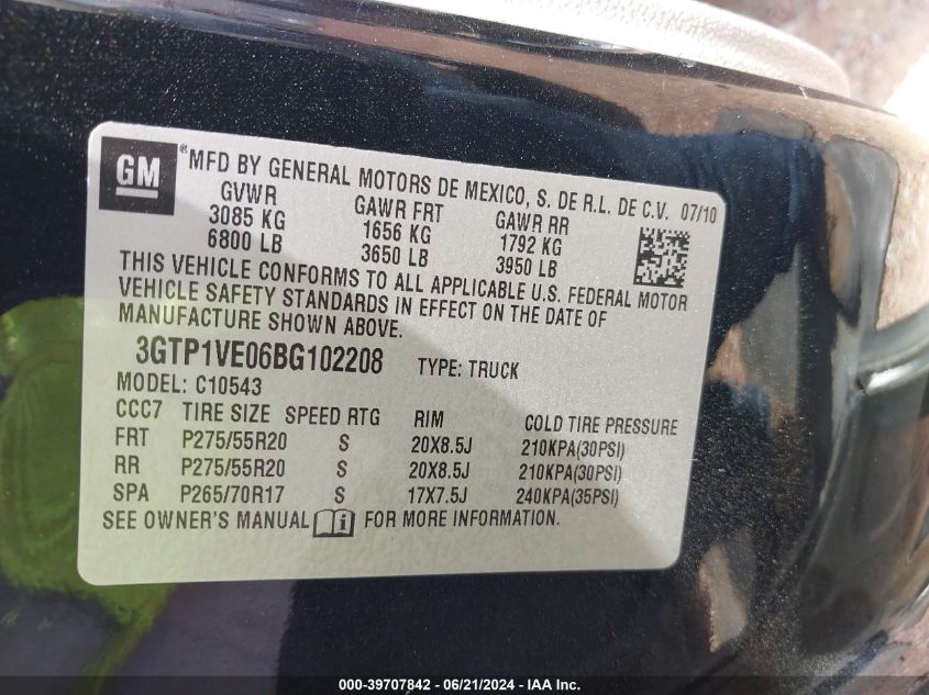 2011 GMC Sierra 1500 Sle VIN: 3GTP1VE06BG102208 Lot: 39707842