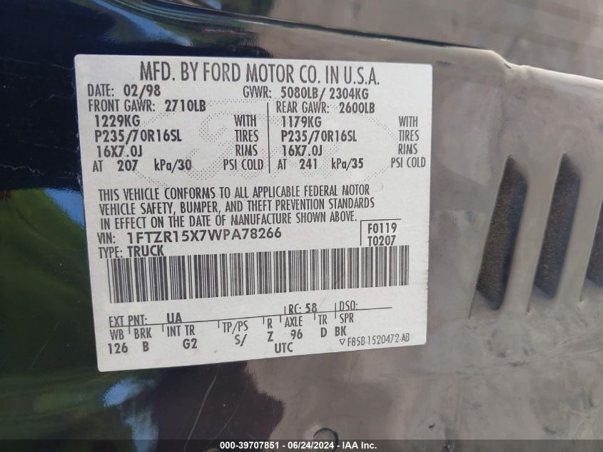 1998 Ford Ranger Splash/Xl/Xlt VIN: 1FTZR15X7WPA78266 Lot: 39707851