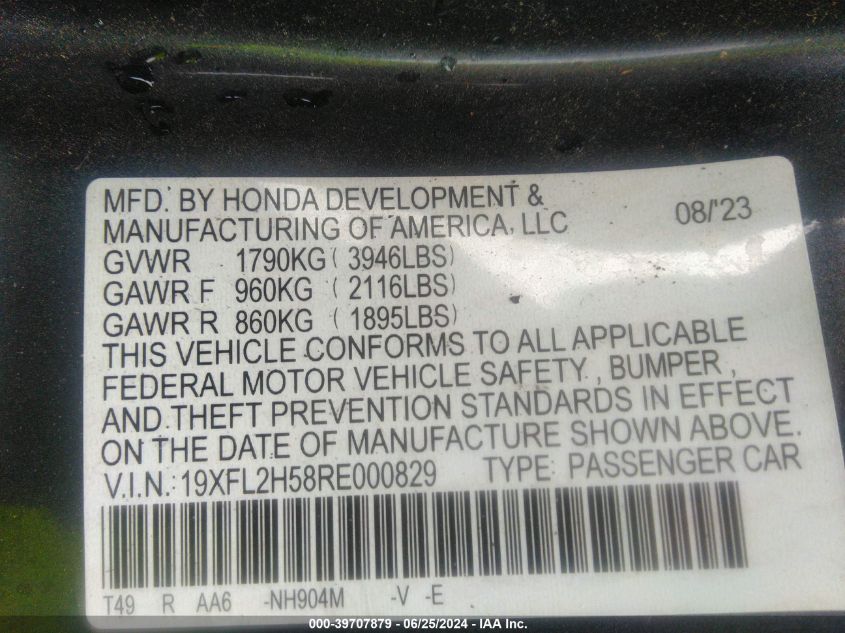 2024 Honda Civic Lx VIN: 19XFL2H58RE000829 Lot: 39707879