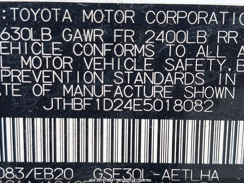 2014 Lexus Is 250 VIN: JTHBF1D24E5018082 Lot: 39707894