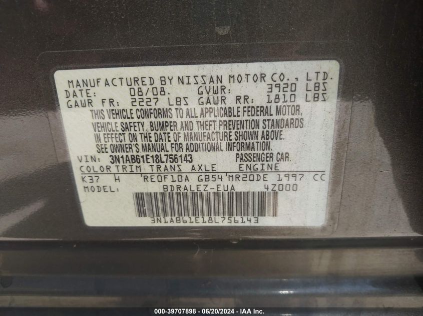 2008 Nissan Sentra 2.0S VIN: 3N1AB61E18L756143 Lot: 39707898