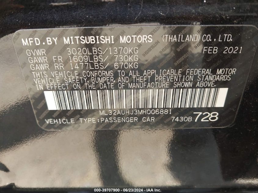 2021 Mitsubishi Mirage Es/Le/Carbonite Edition VIN: ML32AUHJ3MH006881 Lot: 39707900