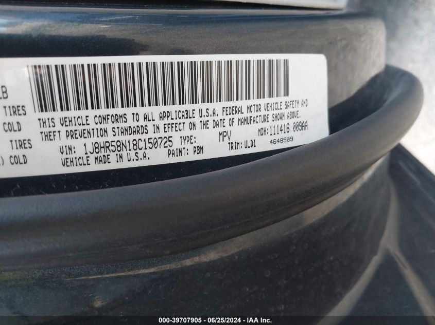 2008 Jeep Grand Cherokee Limited VIN: 1J8HR58N18C150725 Lot: 39707905