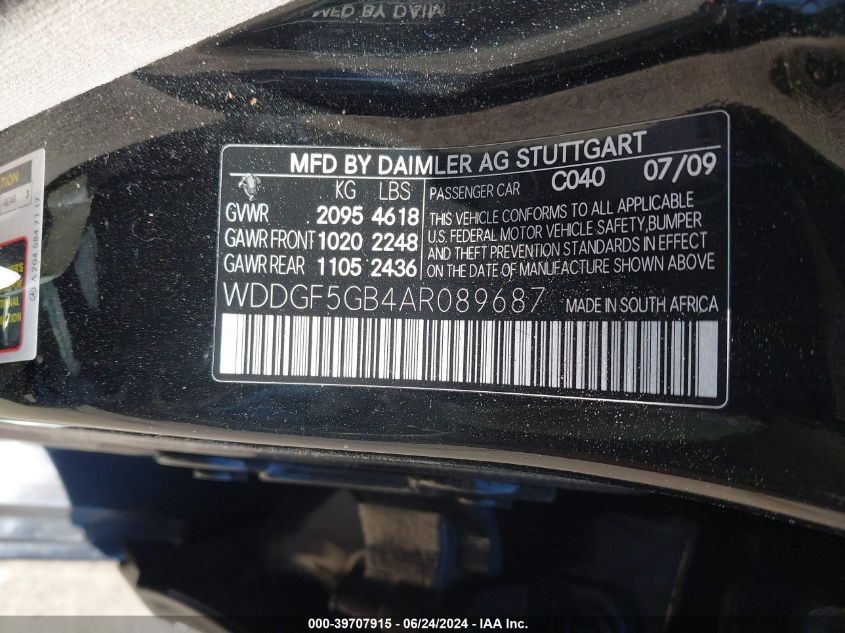 2010 Mercedes-Benz C 350 Sport VIN: WDDGF5GB4AR089687 Lot: 39707915