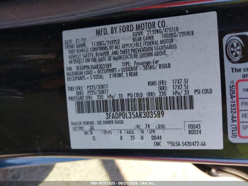 2010 Ford Fusion Hybrid VIN: 3FADP0L35AR303589 Lot: 39707920