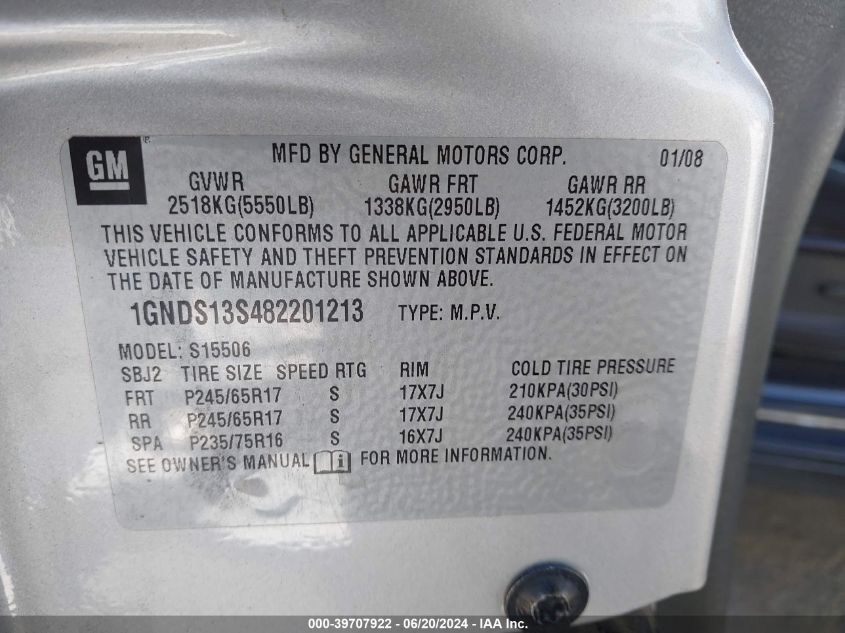 2008 Chevrolet Trailblazer Lt VIN: 1GNDS13S482201213 Lot: 39707922