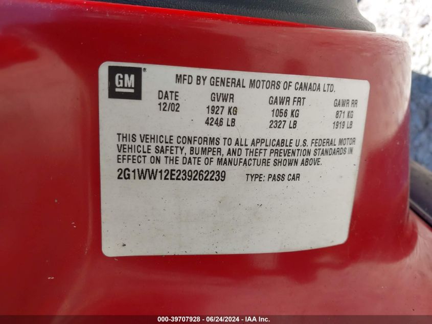 2003 Chevrolet Monte Carlo Ls VIN: 2G1WW12E239262239 Lot: 39707928