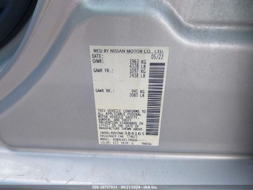 2022 Nissan Altima Sv Fwd VIN: 1N4BL4DV2NN384165 Lot: 39707933