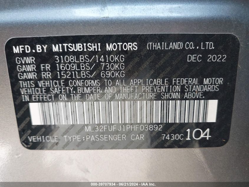 ML32FUFJ1PHF03892 2023 Mitsubishi Mirage G4 Es