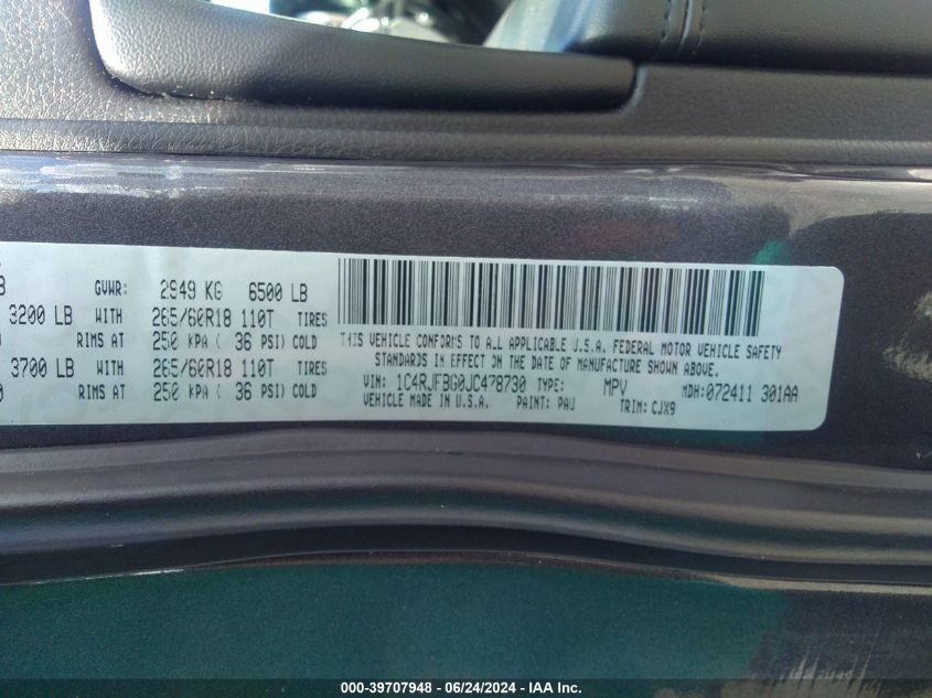 2018 Jeep Grand Cherokee Limited 4X4 VIN: 1C4RJFBG0JC478730 Lot: 39707948