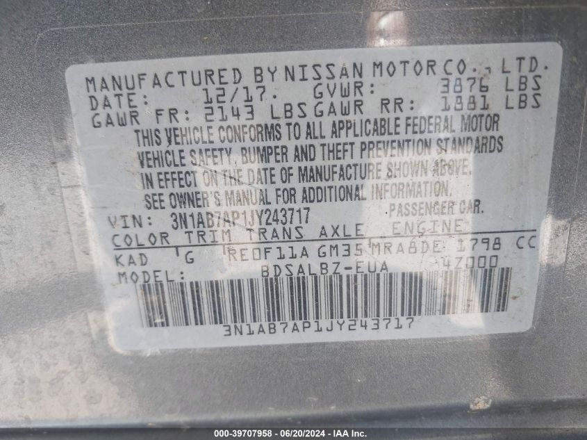 2018 Nissan Sentra S VIN: 3N1AB7AP1JY243717 Lot: 39707958