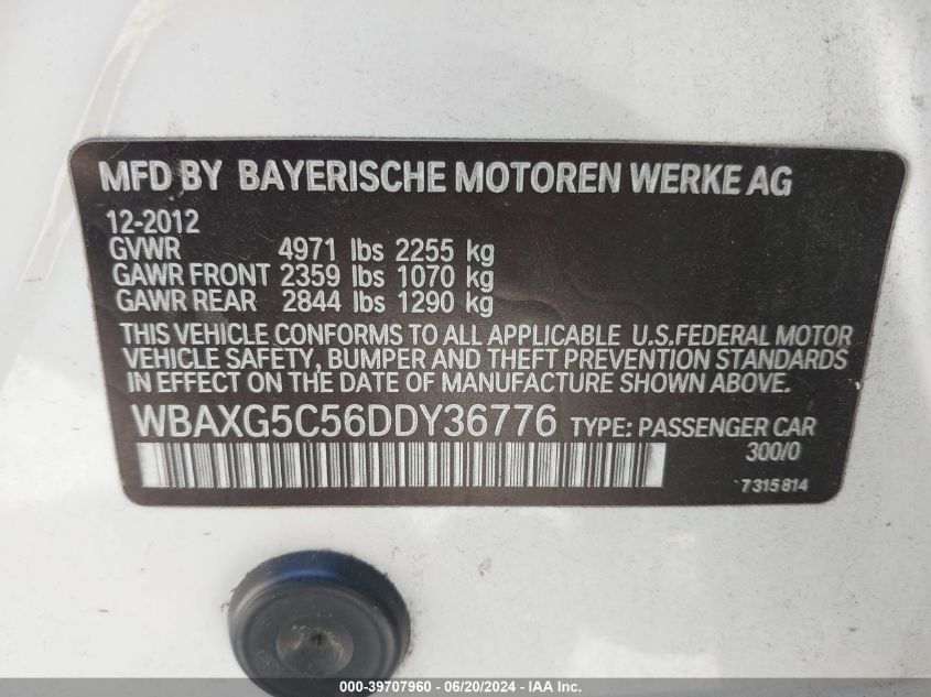 2013 BMW 528I VIN: WBAXG5C56DDY36776 Lot: 39707960