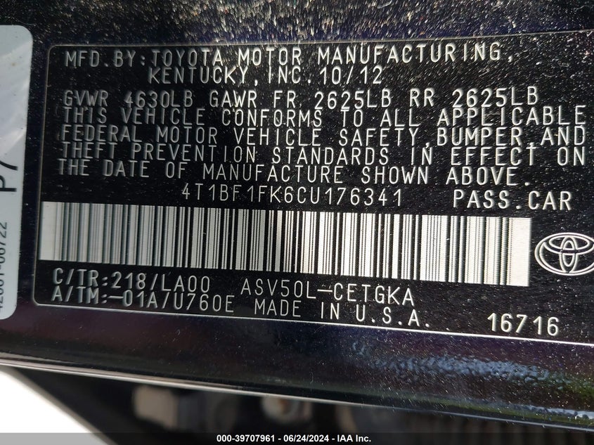 2012 Toyota Camry Xle VIN: 4T1BF1FK6CU176341 Lot: 39707961