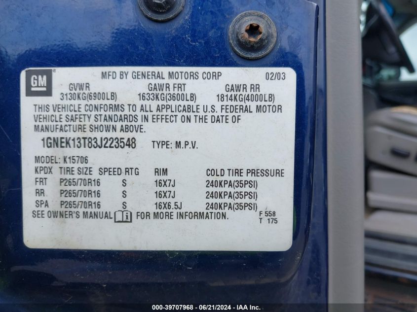 2003 Chevrolet Tahoe Lt VIN: 1GNEK13T83J223548 Lot: 39707968