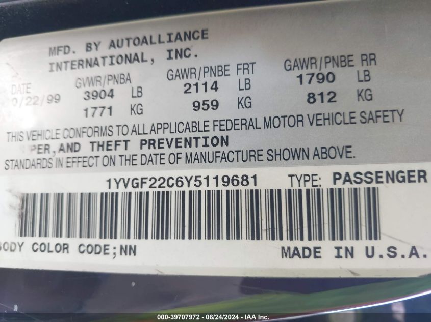 2000 Mazda 626 Es/Lx VIN: 1YVGF22C6Y5119681 Lot: 39707972