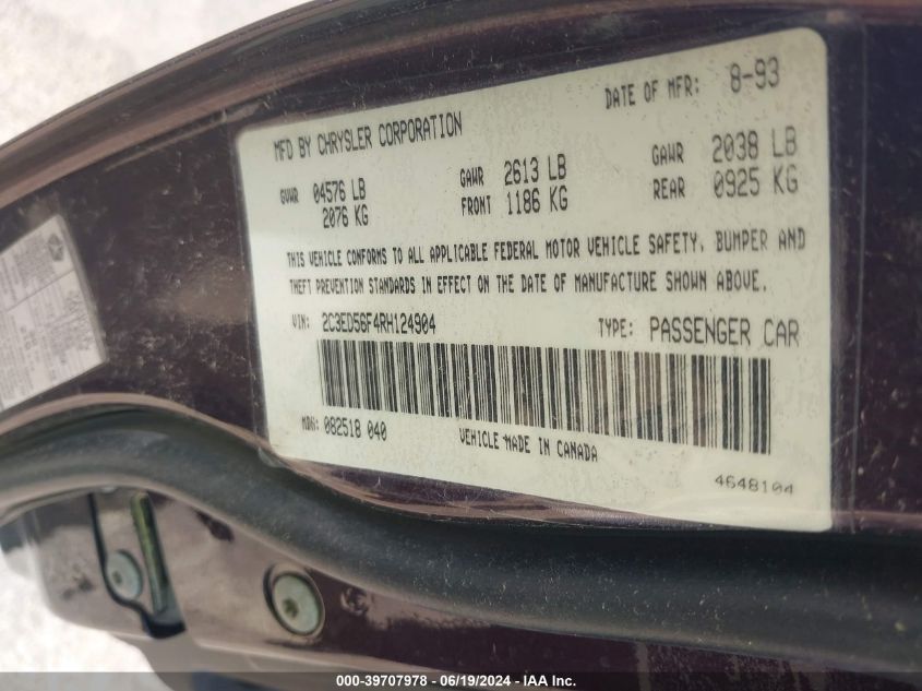 1994 Chrysler Lhs VIN: 2C3ED56F4RH124904 Lot: 39707978