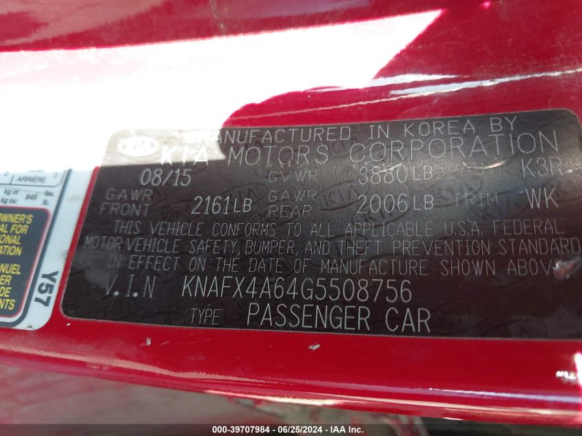 2016 Kia Forte Lx VIN: KNAFX4A64G5508756 Lot: 39707984