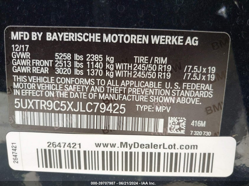 VIN 5UXTR9C5XJLC79425 2018 BMW X3 XDRIVEM40I
