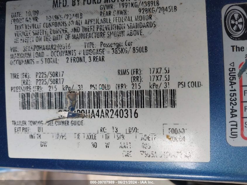 2010 Ford Fusion Se VIN: 3FAHP0HA4AR240316 Lot: 39707989