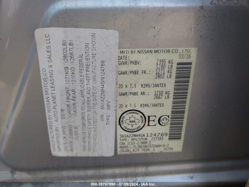 2016 Nissan Murano S/Sl/Sv/Platinum VIN: 5N1AZ2MH4GN124769 Lot: 39707990