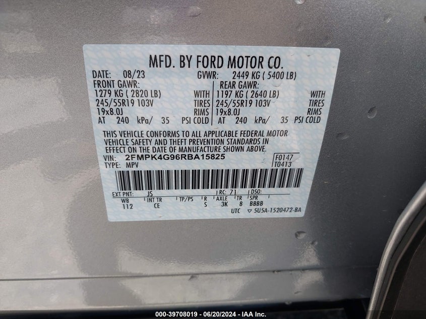 2024 Ford Edge Se VIN: 2FMPK4G96RBA15825 Lot: 39708019