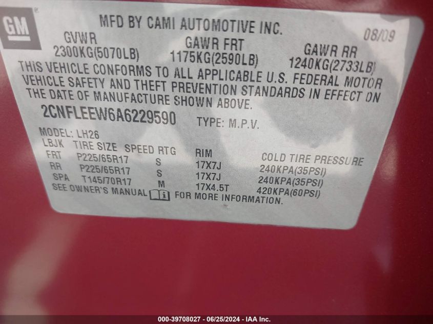 2010 Chevrolet Equinox Lt VIN: 2CNFLEEW6A6229590 Lot: 39708027