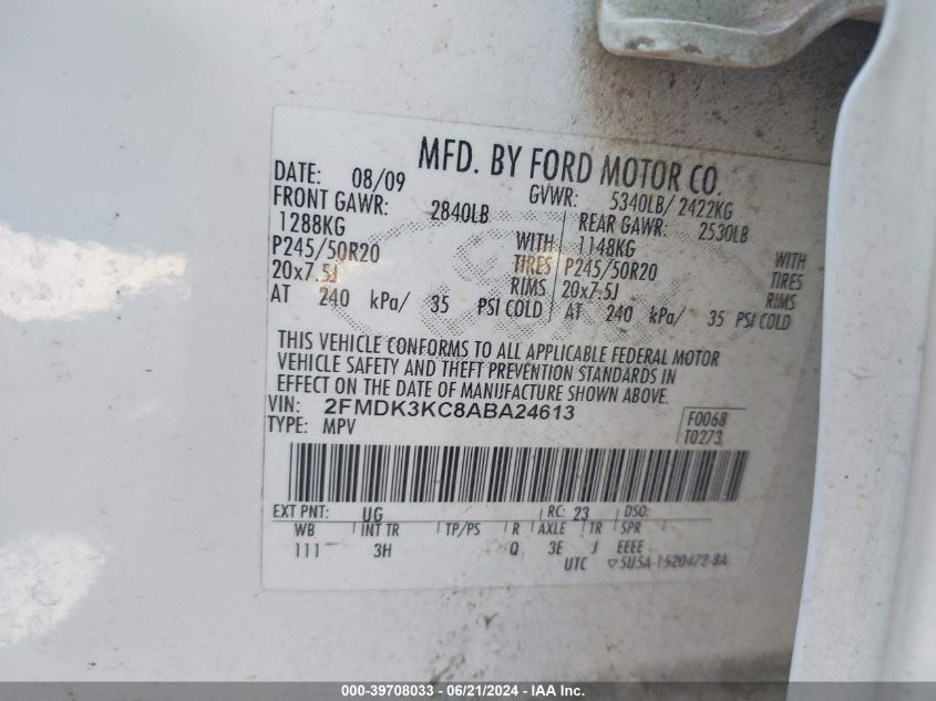 2010 Ford Edge Limited VIN: 2FMDK3KC8ABA24613 Lot: 39708033