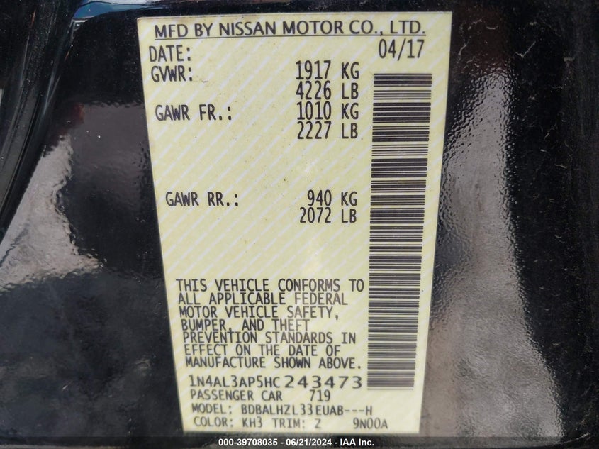 VIN 1N4AL3AP5HC243473 2017 NISSAN ALTIMA 2.5 SR