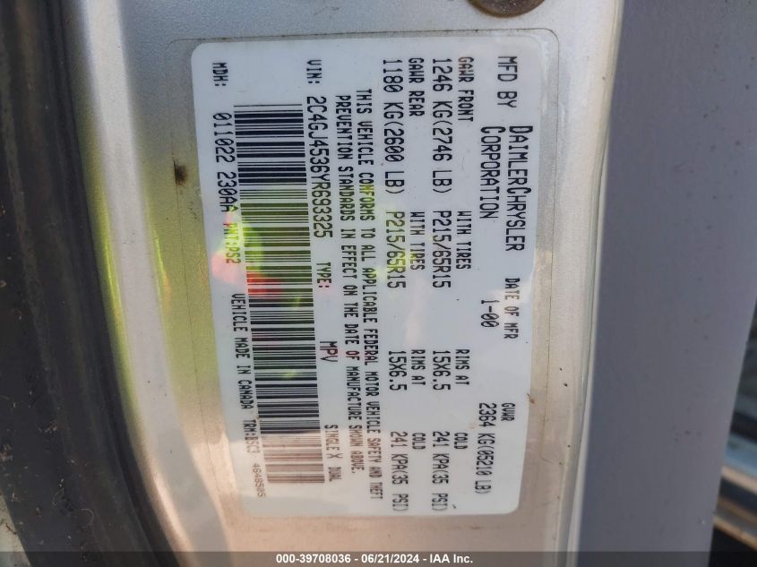 2000 Chrysler Voyager Se VIN: 2C4GJ4536YR693325 Lot: 39708036