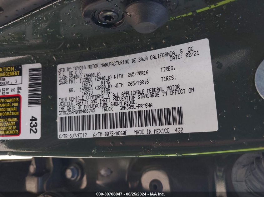 2021 Toyota Tacoma Double Cab/Sr/Sr5/Trd Sport/Trd Off Road/Trd Pro VIN: 3TMCZ5AN0MM406745 Lot: 39708047