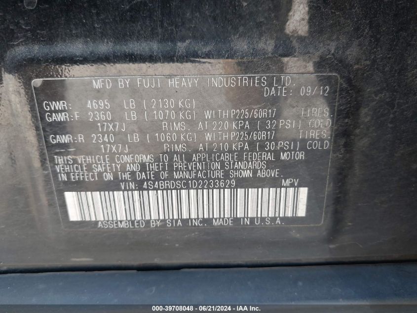 2013 Subaru Outback 3.6R Limited VIN: 4S4BRDSC1D2233629 Lot: 39708048