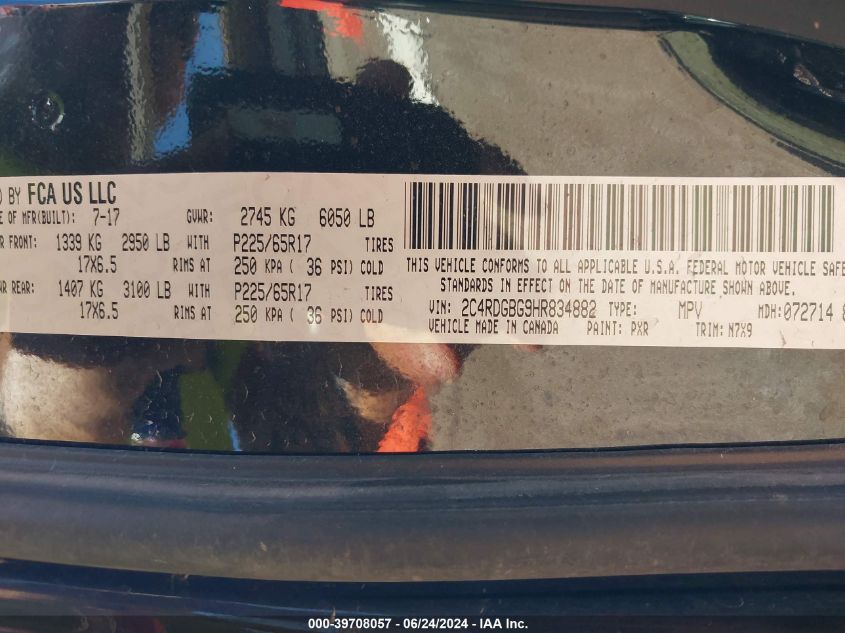 2017 Dodge Grand Caravan Se Plus VIN: 2C4RDGBG9HR834882 Lot: 39708057