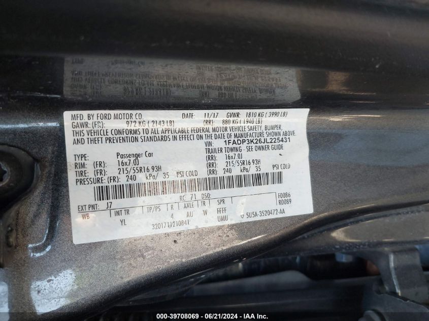 2018 Ford Focus Se VIN: 1FADP3K26JL225431 Lot: 39708069