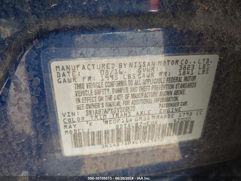 2016 Nissan Sentra S/Sv/Sr/Sl VIN: 3N1AB7APXGY329570 Lot: 39708073