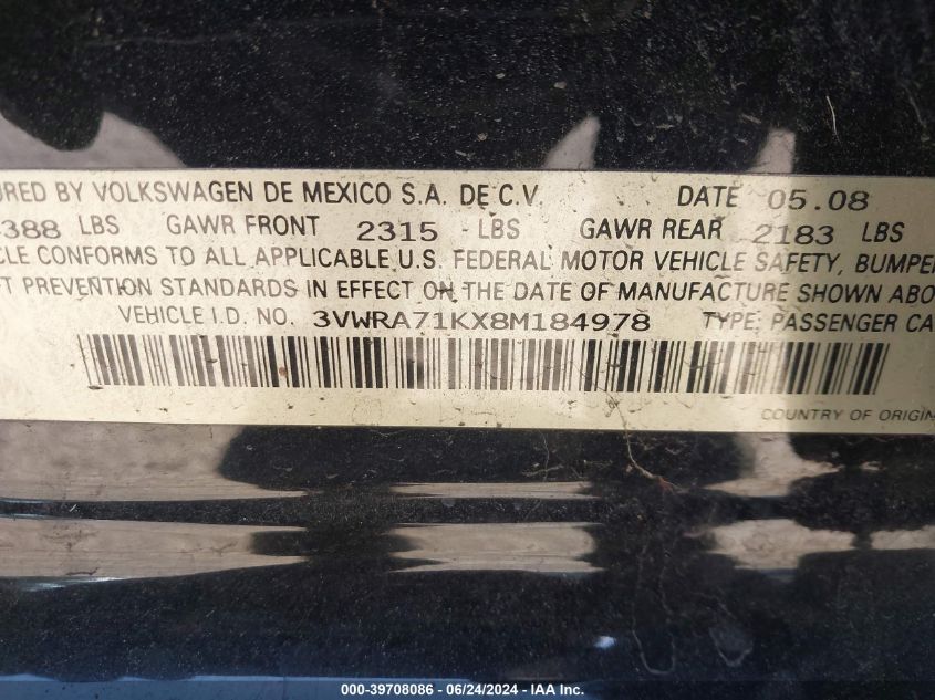 2008 Volkswagen Jetta Wolfsburg Edition VIN: 3VWRA71KX8M184978 Lot: 39708086