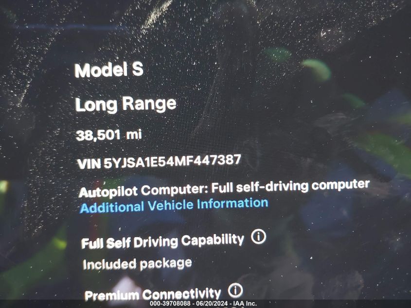 2021 Tesla Model S Long Range Dual Motor All-Wheel Drive VIN: 5YJSA1E54MF447387 Lot: 39708088