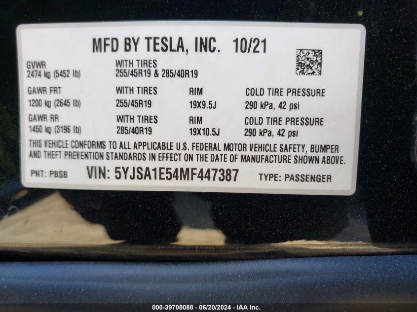 2021 Tesla Model S Long Range Dual Motor All-Wheel Drive VIN: 5YJSA1E54MF447387 Lot: 39708088