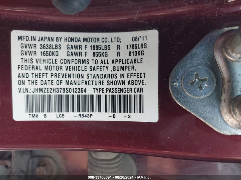 2011 Honda Insight VIN: JHMZE2H37BS012364 Lot: 39708091