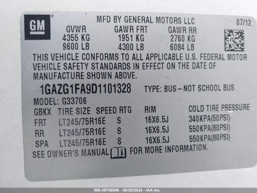 2013 Chevrolet Express 3500 Lt VIN: 1GAZG1FA9D1101328 Lot: 39708096