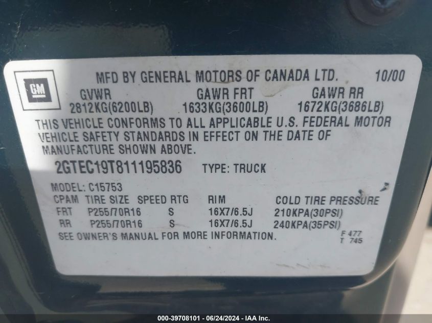 2001 GMC Sierra 1500 Sle VIN: 2GTEC19T811195836 Lot: 39708101